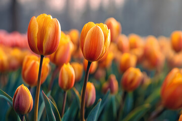 Vibrant orange and yellow tulips bloom in a soft focus garden with warm sunlight