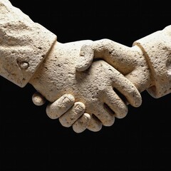 A meticulously carved stone sculpture of two hands shaking, representing partnership and trust, showcased on a neutral gray background.