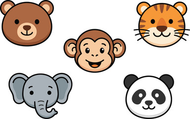 Cute cartoon animal face icons set with bear, monkey, tiger, elephant, panda, colorful flat vector illustration for kids design