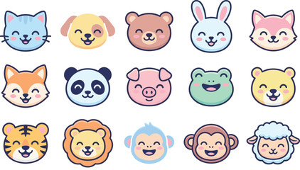 Obraz premium Cute kawaii animal face icons set, smiling cartoon pets and wildlife characters, colorful flat vector illustration for kids, stickers, apps