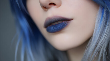 Close up of woman s face with blue hair and bold blue lipstick makeup look