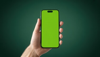 Hand holding smartphone with green screen on dark green background