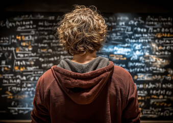AI generator image of A person standing in front of a blackboard filled with mathematical or scientific equations and formulas symbolizes contemplation, study, or an attempt to solve a complex proble