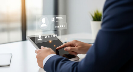 Business professional using tablet interface displaying customer feedback ratings digital profiles trust management concept in modern corporate workspace