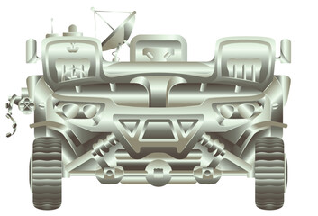 Conceptual military armored vehicle, metallic steel gradient. SUV front view. Silver engineering battle war car in frontal perspective. Vecor illustration isolated on white background