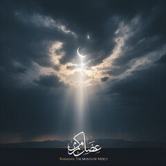 Ramadan Crescent Moon and Divine Light Rays in Dramatic Sky