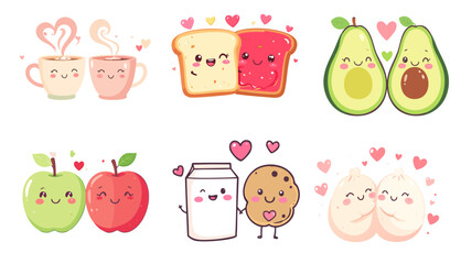 Kawaii Valentine Food Couples Vector Set &ndash; Cute Flat Cartoon Illustrations of Love-Themed Snacks and Drinks