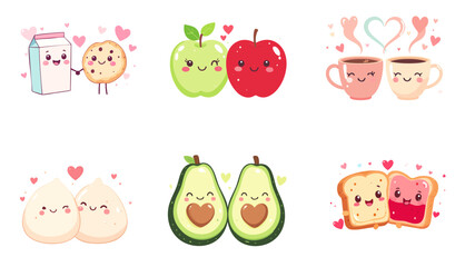 Kawaii Valentine Food Couples Vector Set &ndash; Cute Flat Cartoon Illustrations of Love-Themed Snacks, Fruits, and Drinks