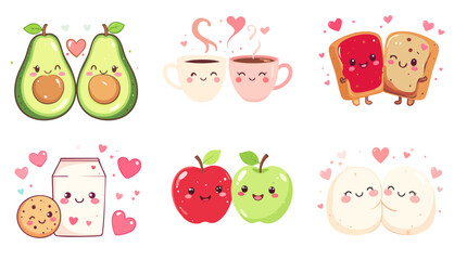 Kawaii Valentine Food Couples Vector Set &ndash; Cute Flat Cartoon Illustrations of Paired Snacks, Drinks, and Fruits with Hearts