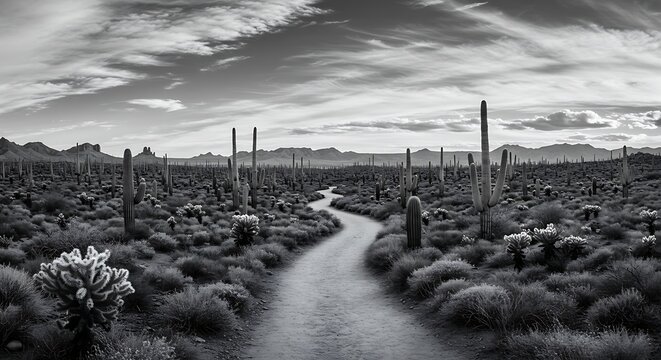 Winding Desert Path Through Saguaro Cactus Field Under Dramatic Sky in Black and White.