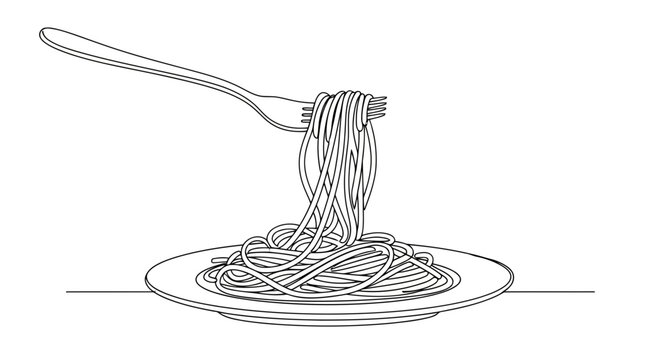 Continuous line drawing of spaghetti twirled on a fork above a plate Vector