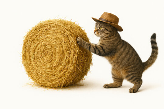 A cat in a hat pushes a large wheel of hay.