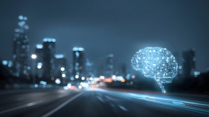 Digital Brain Illuminates Cityscape - Futuristic AI and Urban Development Concept.