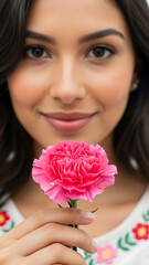 Beautiful woman gently offers a vibrant pink carnation with a sweet smile