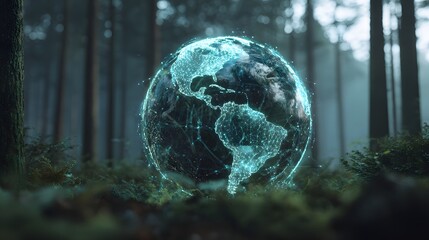 Digital Earth Globe Displayed in Forest - Environmental Conservation Concept with Futuristic Visualization.