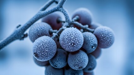 Close up frozen red grapes with frost on a cold winter day showing the texture and detail of ice crystals