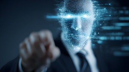 Digital Humanoid Face with Glowing Eyes and Futuristic Technology Concept.