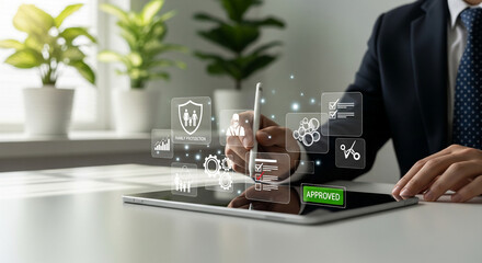 Insurance approval process visualization with business executive signing digital checklist on tablet for family protection and policy confirmation