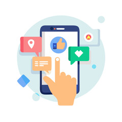 Conceptual contemporary art collage. Concept of social media interaction. Hand tapping a smartphone.