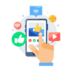 Conceptual contemporary art collage. Concept of social media interaction. Hand tapping a smartphone.