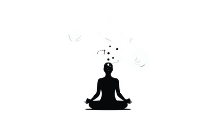 Meditating woman in yoga lotus position with floating particles and serenity, peaceful and calm, mindfulness and relaxation concept in studio
