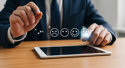 Customer feedback and satisfaction rating interface displayed on tablet highlighting positive experience measurement and service quality evaluation