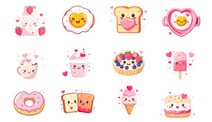 Kawaii Valentine Dessert Icons Vector Set &ndash; Cute Flat Cartoon Sweets, Drinks, and Treat Characters with Hearts
