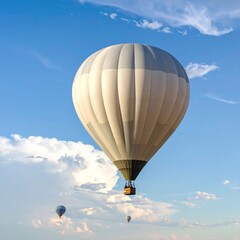 Naklejka premium Hot air balloon soaring in bright blue sky with scattered clouds scenic view
