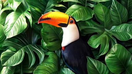 Tropical toucan bird with vibrant orange beak perched among lush green monstera leaves in jungle, exotic wildlife scene, colorful nature