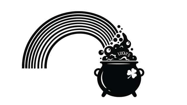 St. Patrick's Day pot of gold rainbow black icon with shamrock symbol and bubbling treasure