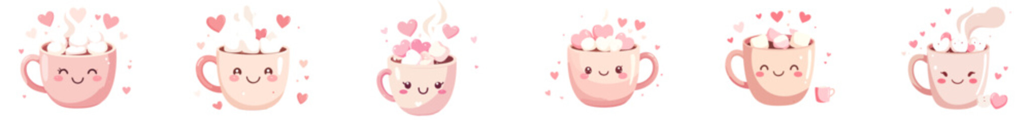 Kawaii Valentine Hot Cocoa Mugs Vector Set &ndash; Cute Flat Cartoon Coffee Cups with Marshmallows and Hearts