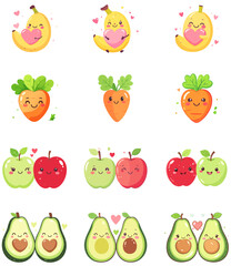 Kawaii Fruit and Vegetable Couples Vector Set &ndash; Cute Flat Cartoon Produce Characters with Hearts