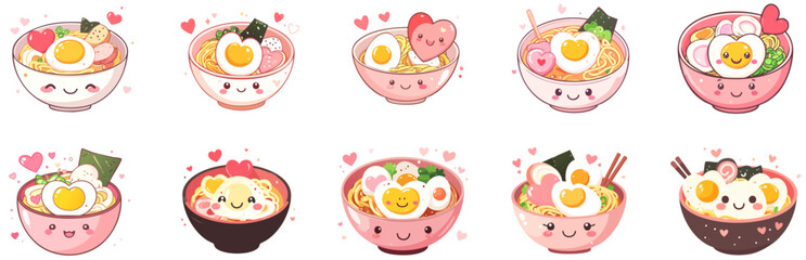 Kawaii Ramen Bowl Characters Vector Set &ndash; Cute Flat Cartoon Noodle Soup with Hearts and Smiling Faces