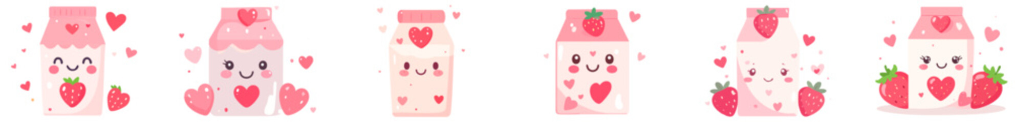 Kawaii Valentine Strawberry Milk Bottles Vector Set &ndash; Cute Flat Cartoon Milk Drink Characters with Hearts