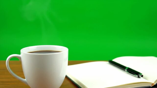 Steaming cup of coffee next to open notebook and pen on desk