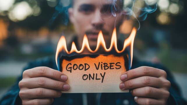 Man holding burning paper with good vibes only message outdoors - Powered by Adobe