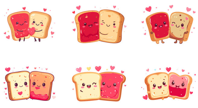 Kawaii PB&J Valentine Couples Illustration Set &ndash; Cute Peanut Butter and Jelly Toast Vector