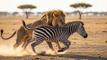 Lion chases zebra across savannah, predator and prey in motion, wildlife scene