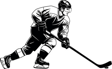 Obraz premium Black and White Illustration of Professional Ice Hockey Player Skating with Stick and Puck, Dynamic Winter Sports Action.