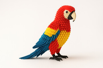 Fototapeta premium Origami parrot made of colored paper on a light background. Space for text.