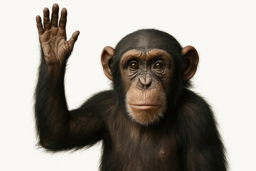 Naklejka premium A chimpanzee with a raised hand on a light background.
