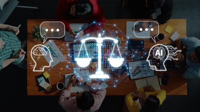 A diverse group of individuals collaborates in a modern workspace, leveraging AI technology alongside legal concepts, fostering innovation and urgent discussions. Raster