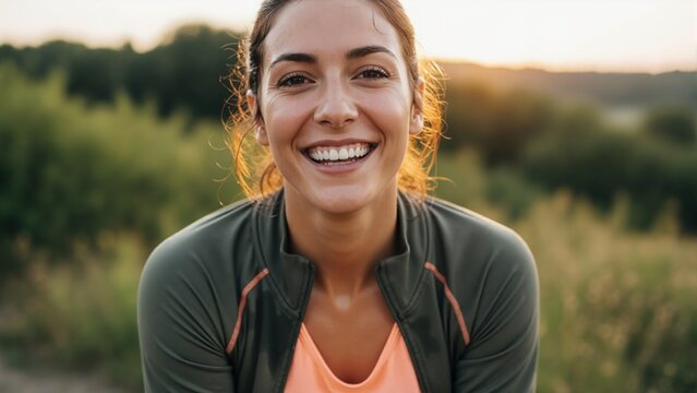 Happy active woman smiling at camera during outdoor workout. Portrait of healthy female runner enjoying exercise in nature at sunset