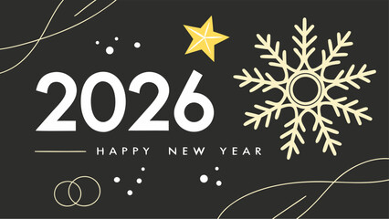 Fototapeta premium Happy New Year 2026 message in golden font, with a snowflake on a light black background, ideal for a sleek and elegant greeting.
