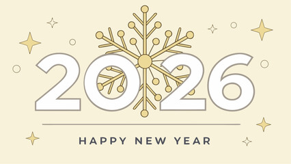 2026 Happy New Year in golden font with a snowflake on a light gold background, perfect for an elegant and joyful greeting.