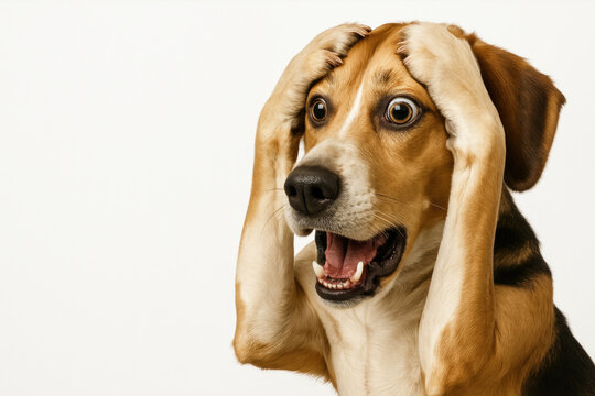 The frightened dog covers his head with his paws in shock. Space for text.
