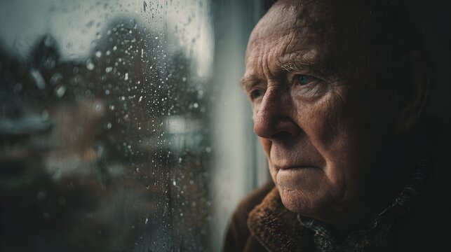 Elderly Man Contemplating Lifes Reflections Through a Rainy Window, Deep in Thought. - Powered by Adobe