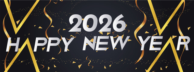 Happy New Year 2026 Celebration Banner with Gold Ribbons and Confetti