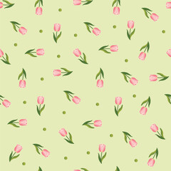 Seamless pattern with tulips. Light background and delicate tulips.