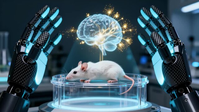 Laboratory mouse sits on glass platform surrounded by robotic hands while a holographic brain projection hovers above indicating neural research and technological experimentation in a modern biomedica